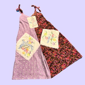 Handmade Vintage Floral Velvet Pink Purple 1960s 1970s Bird Embroidery Adjustable Wide Leg Romper