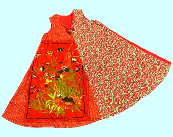 Handmade Vintage 1960s 1970s Strawberry Butterfly Embroidery Tea Towel Tent Wide Sweep Dress