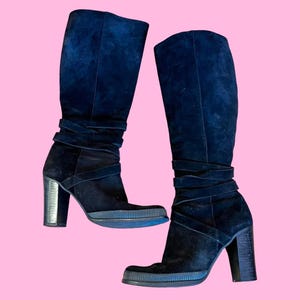 Vintage Y2K Black Suede Over The Knee High Chunky Heeled Platform Boots