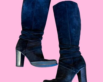 Vintage Y2K Black Suede Over The Knee High Chunky Heeled Platform Boots