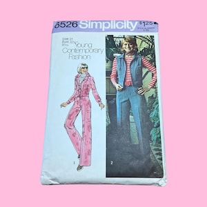 May include: Vintage Simplicity sewing pattern featuring two Young Contemporary Fashion designs. The pattern includes a pink jumpsuit and a denim vest and pants ensemble. The pattern is size 10, bust 32 1/2 inches.