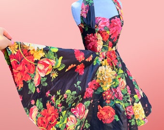 Handmade 1950s STYLE Black Floral Polished Cotton Halter Sun Dress Full Circle Skirt Dress