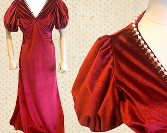 1930s Bias Cut STYLE Blood Red Beaded Deco Lines Velvet Gown