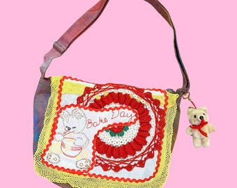 Hand Dyed Rainbow Bear Embroidery Lace Doily Keychain Crossbody Messenger Bag Purse