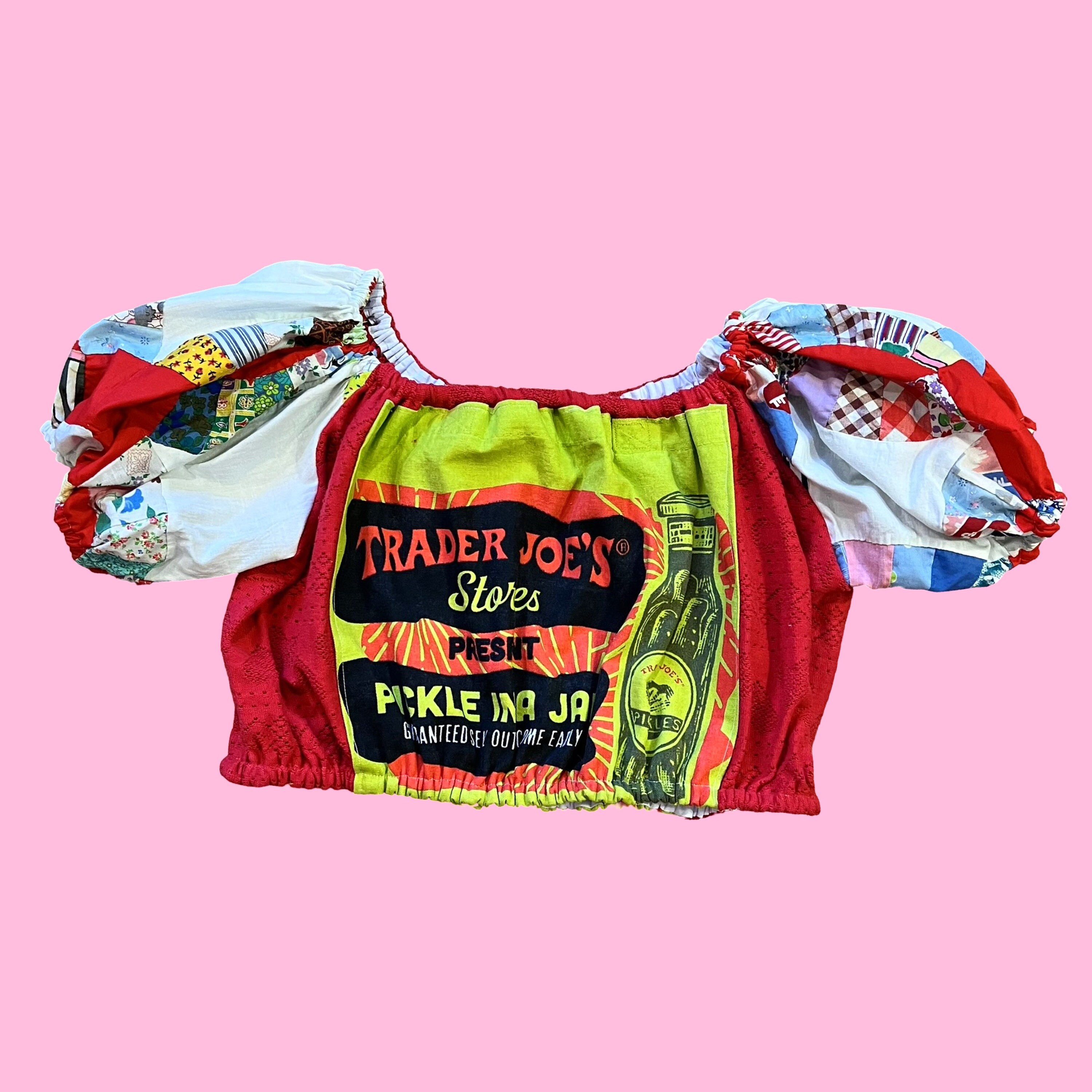 Handmade Vintage Upcycled Trader Joe Canvas Tote Red Quilted Puff Sleeve Peasant Blouse Top