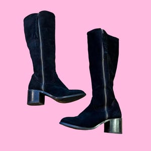 Y2K STEVE MADDEN Black Leather Suede Thigh High Platform Chunky Heeled Boots