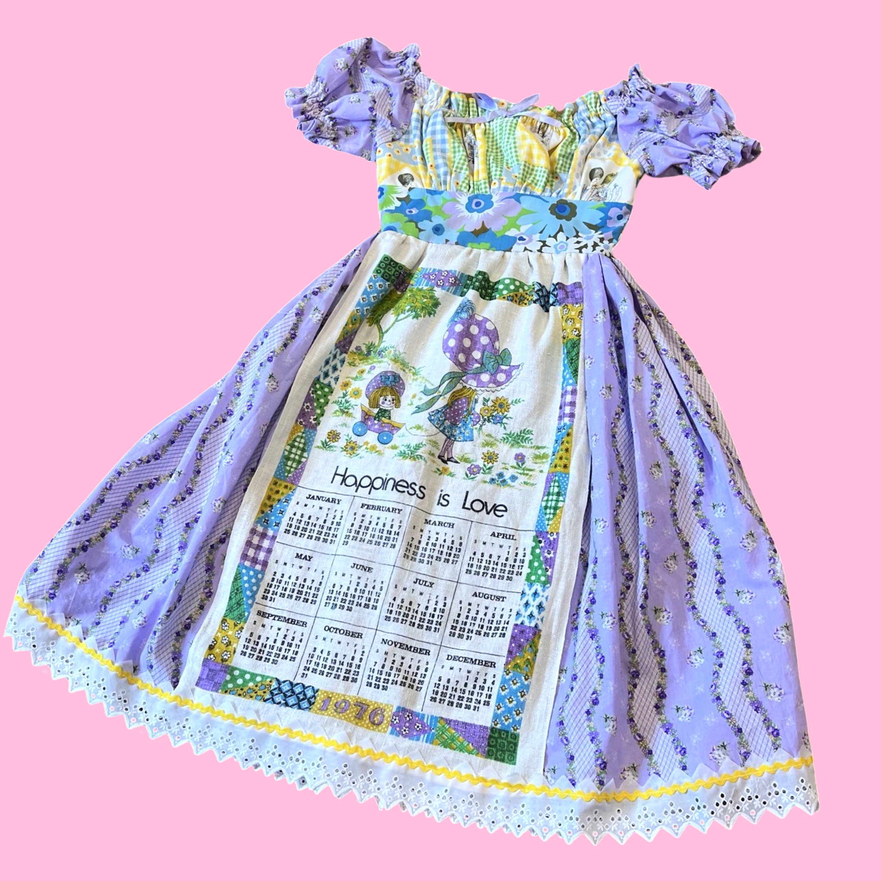Handmade Vintage Upcycled Milk Maid Dress Psychedelic Floral 1970s Holly Hobbie Corset Back Sun Dress