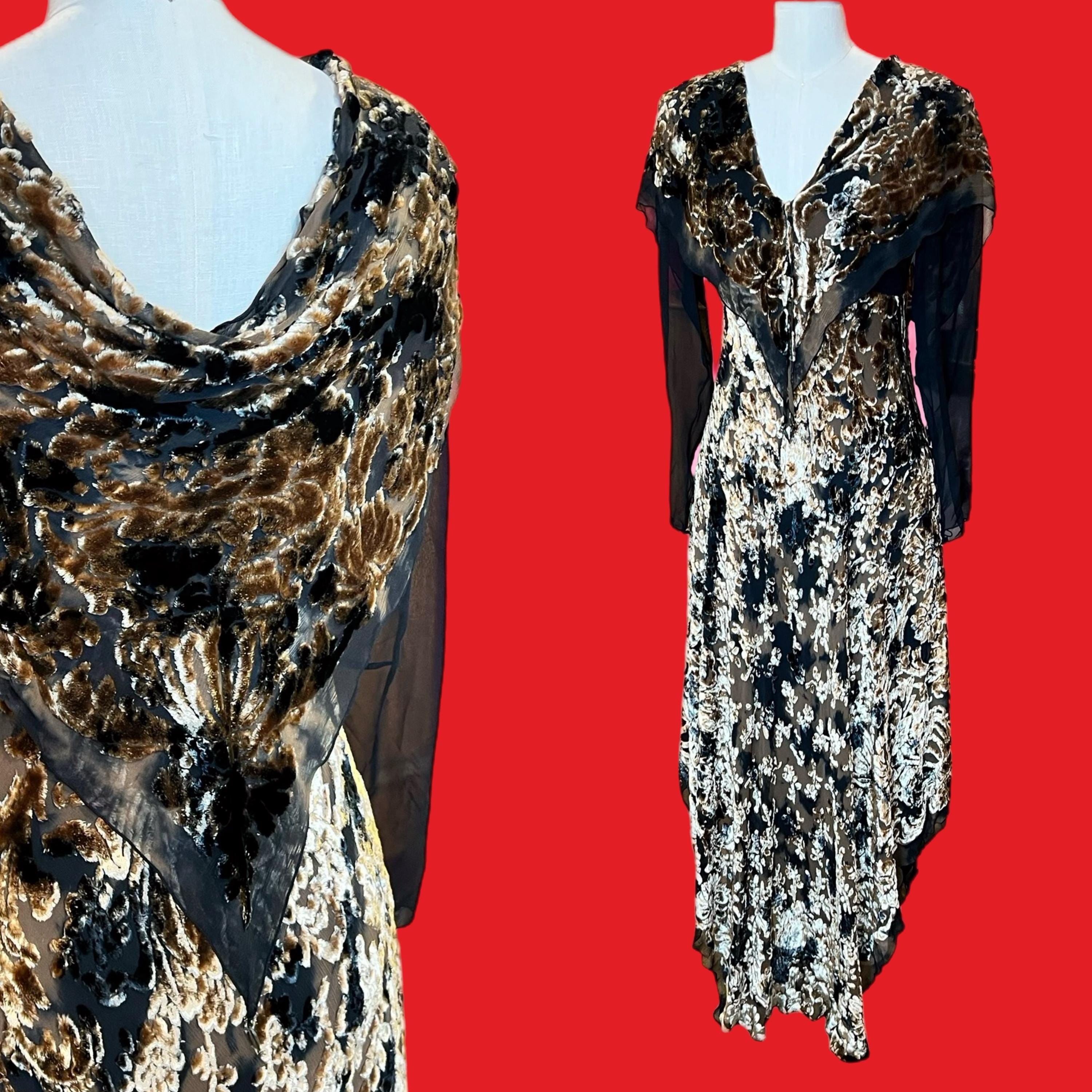 Vintage 1980s does 1930s Marian Clayden Textile Artist Brown Black Sheer Silk Velvet Burnout Draped Long Sleeve Formal Dress