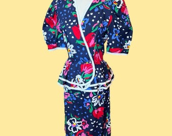 NWT Deadstock Vintage 1980s Miss Oops California Bold Floral Peplum Two Piece Puff Sleeve Summer Set Blazer W/ Skirt