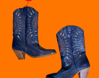 Vintage 1980s 1990s Deadstock DINGO Blue Red Starburst Embroidered Cowboy Western Boots