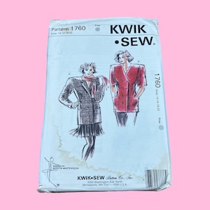 May include: A vintage Kwik Sew sewing pattern packet, pattern 1760, featuring illustrations of two women's jacket designs. The packet includes the text "Sizes 14-16-18-20" and the Kwik Sew logo. The packet is on a pink background.
