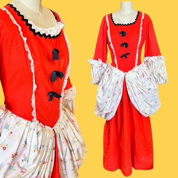 Vintage 1970s Marie Antoinette French Baroque Panniers Red White Floral Lace Halloween Theater Costume Dress