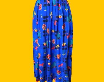 Vintage 1980s 1990s In Sync Royal Blue Medieval Castle Print Crown Heraldic Lion Crest High Waisted Rayon Long Skirt