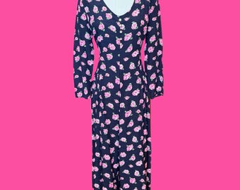 Vintage 1980s Black Pink Floral Rayon Long Sleeve Wide Leg Pants Tie Back Jumpsuit