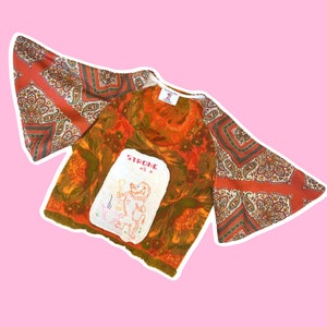 1960s 1970s Orange Towel Upcycled Vintage Fabric Lion Embroidery Paisley Flutter Sleeves Tunic Top