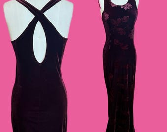 Vintage 1990s Vamp Burgundy Dark Red Velveteen Goth  Floral Criss Cross Strappy Low Back Formal Dress