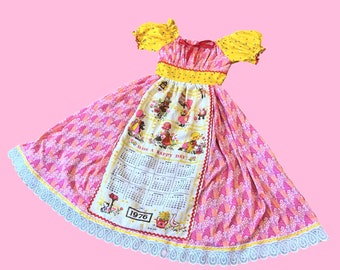 Handmade Vintage Upcycled Milk Maid Dress Neon Pink Novelty 1970s Holly Hobbie Tea Towel Corset Back Sun Dress
