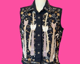 Vintage 1990s Life Style Black Linen Cotton Embroidered Applique Cats Whimsical Animal Print Button Down Sleeveless Top