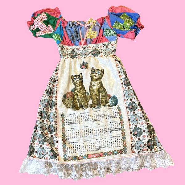 Handmade Vintage Upcycled Milk Maid Style 1950s 1960s 1970s Cat Tea Towel Quilted Novelty Corset Style Dress