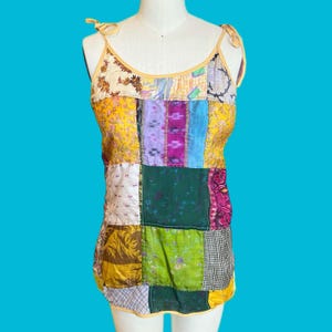 Vintage 1990s Y2K Silk Floral Pastel Nepal Patchwork Quilted Tie Straps Tank Top