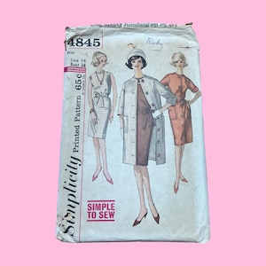 May include: Vintage Simplicity printed sewing pattern, number 4845, featuring illustrations of three women in dresses and coats. The pattern is for Misses size 14, with a bust size of 34 inches. The text "Simple to Sew" is also visible.