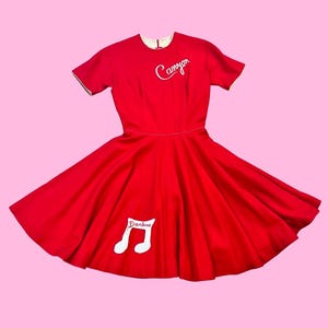 Vintage 1950s Bright Red Majorette Band School Dress “Darlene” Musical Note Applique Full Skirt Dress