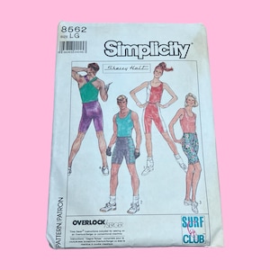 May include: A vintage Simplicity sewing pattern featuring illustrations of athletic wear. The pattern includes designs for shorts, tank tops, and unitards. The package has the text "Simplicity" and "Surf Club". The size is Large.