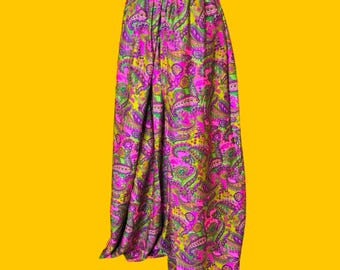 Vintage 1970s Ultimate Hippie Groovy Neon Pink Blue Green Adjustable Waist Ultra Wide Leg Palazzo Pants