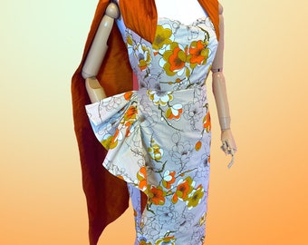 Alfred Shaheen 1950s STYLE Hawaiian Tropical Sarong Dress Waterfall Cape Halter Sweetheart Dress