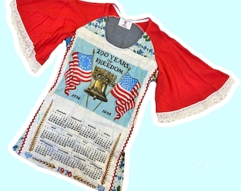 1960s 1970s Patriotic Vintage Tea Towel Freedom Bell Red Blue Vintage Fabrics Flutter Sleeves Tunic Top Mini Dress