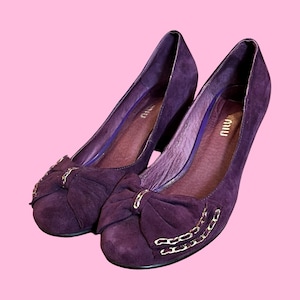 Miu Miu Designer Royal Purple Leather Suede Gold Metal Accents Block Heel Shoes