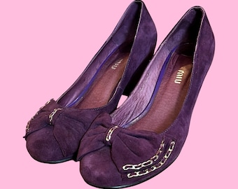 Miu Miu Designer Royal Purple Leather Suede Gold Metal Accents Block Heel Shoes