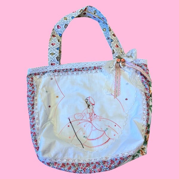 Handmade Vintage Upcycled 1950s 1960s Lady Embroidery Lace Tea Pot Novelty Large Shopping Tote Purse Bag
