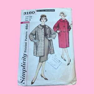 May include: Vintage Simplicity pattern 3160, featuring illustrations of women's coats. The pattern includes a plaid coat and a red coat design. The pattern is labeled "Half Size Slenderette" and includes size and bust measurements.