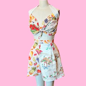 Handmade Upcycled Vintage 1940s STYLE 1950s 1960s Fruit Novelty Strawberry Print Embroidery Wide Leg Shorts Halter Top Play Set