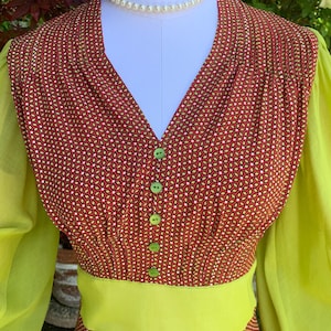 1940s Red Rayon Lime Giant Bishop Balloon Sleeve REPRO Dress image 4