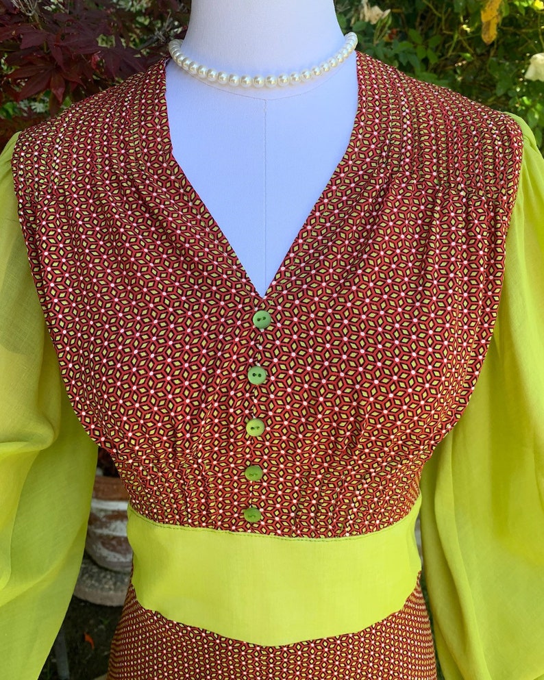 1940s Red Rayon Lime Giant Bishop Balloon Sleeve REPRO Dress image 4