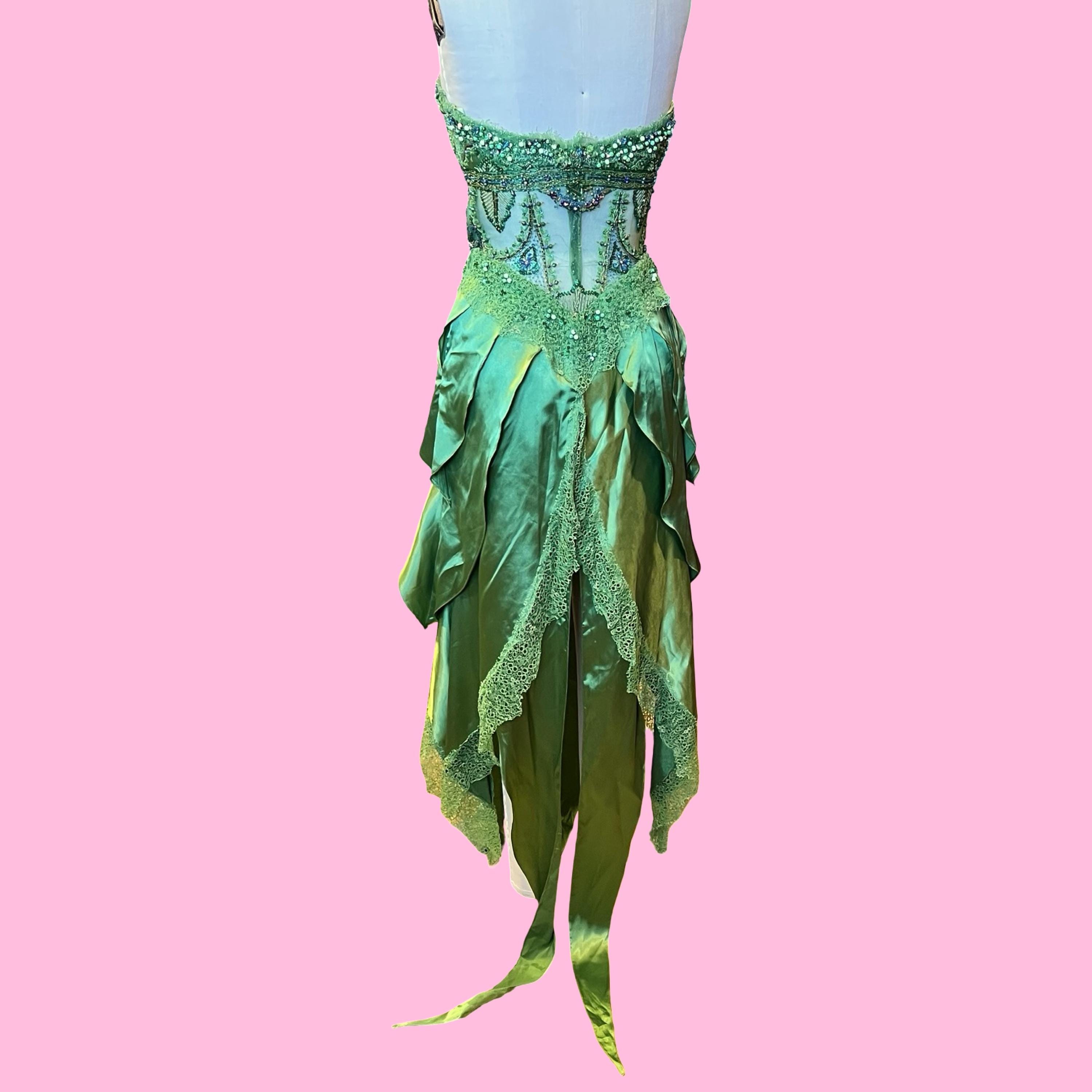 Vintage 1990s Y2K MANDALAY Designer Heavily Beaded Rhinestone Green Sheer Mesh Midsection Hankie Jagged Hem Fairy Core Mermaid Formal Dress