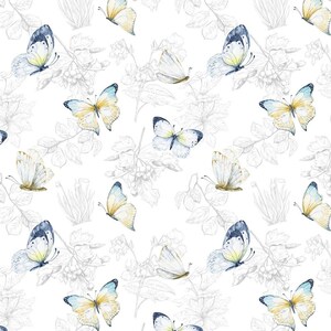 Watercolor Butterflies & Sketched Florals Fabric