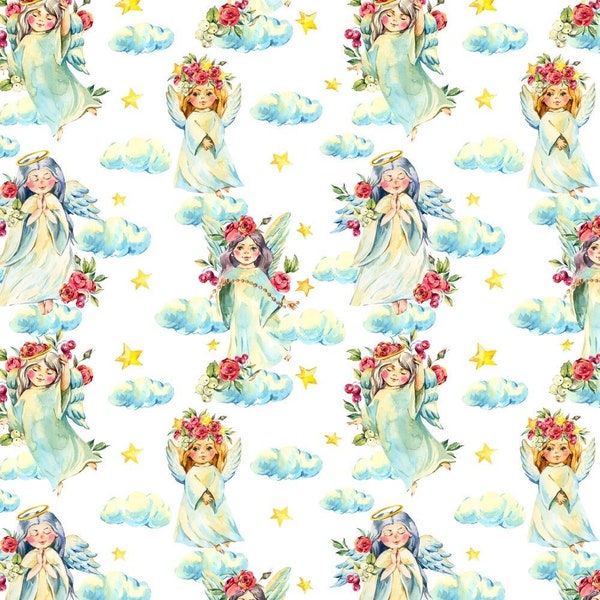 Watercolor Angels In The Sky Fabric - White