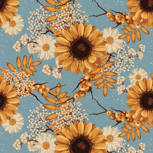 Vintage Autumn Sunflower Fabric Blue - Etsy