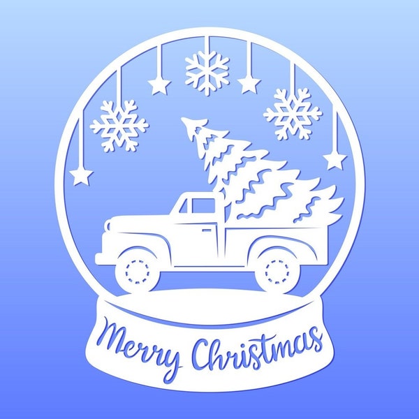 Christmas Truck Snowglobe Fabric Panel - Blue