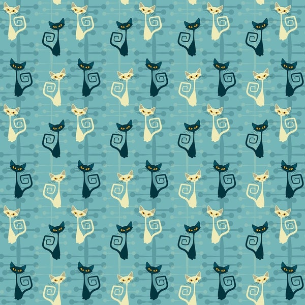 1950s Atomic Cats Pattern 10 Fabric - Blue