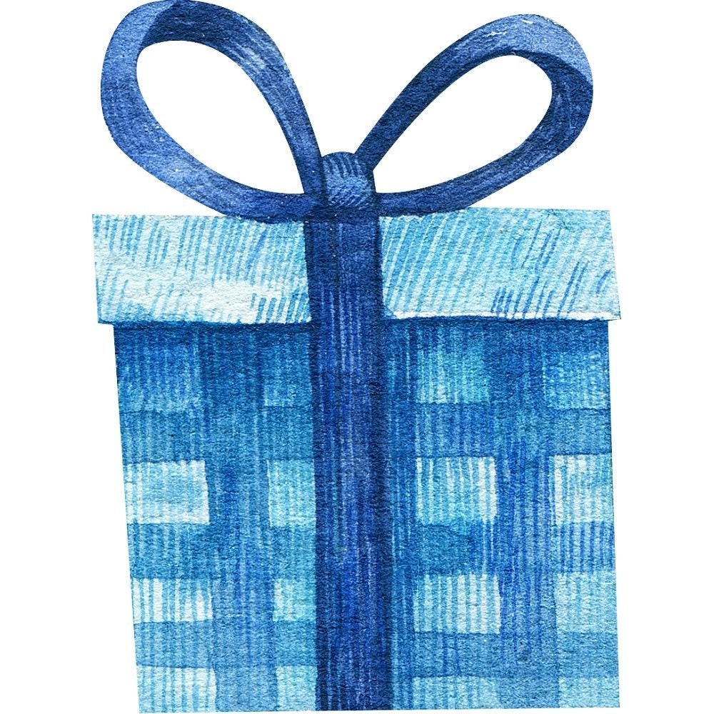 Fun Sewing Watercolor Present with Brown Ribbon Fabric Panel - Blue 43 Inches by 43 Inches