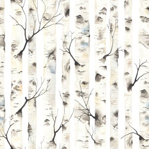 Watercolor Birch Trees with Branches Fabric