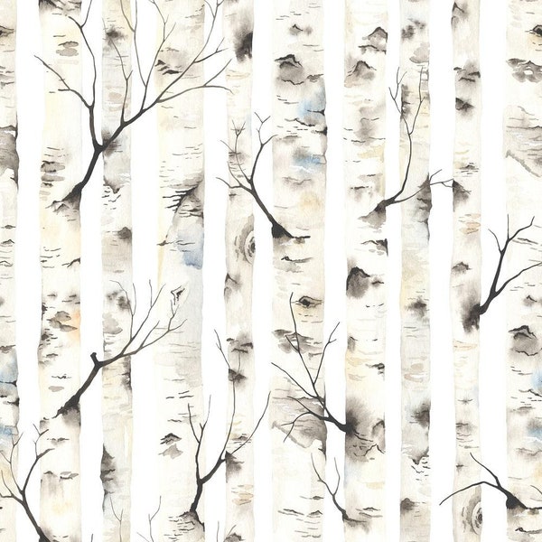 Watercolor Birch Trees with Branches Fabric