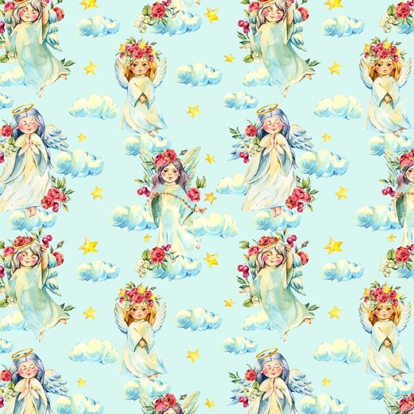 Watercolor Angels In The Sky Fabric - Blue