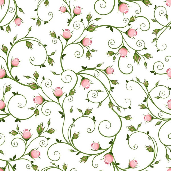 Pink Rosebuds on Vines Fabric - White