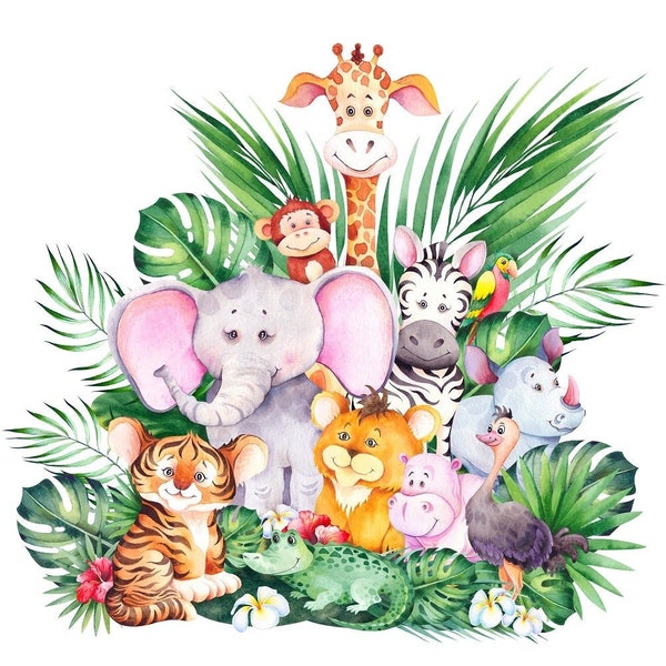 Cute Safari Animals In the Jungle Fabric Panel - Multi