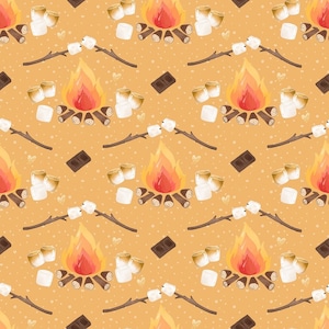 Cute Smores Campfire on Dots Fabric - Orange